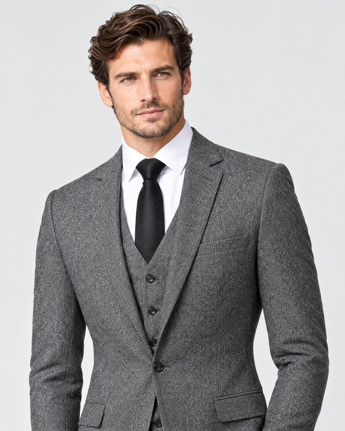 Costume trois-pièces gris — portrait et revers