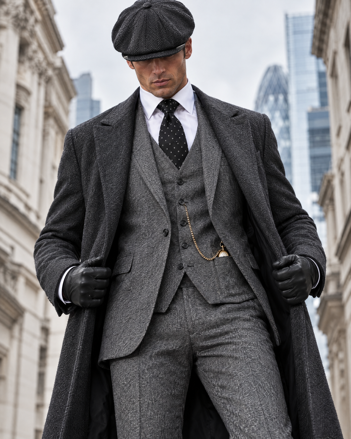 Costume trois-pièces gris — mise en scène britannique avec casquette, manteau ouvert, gants et montre à gousset