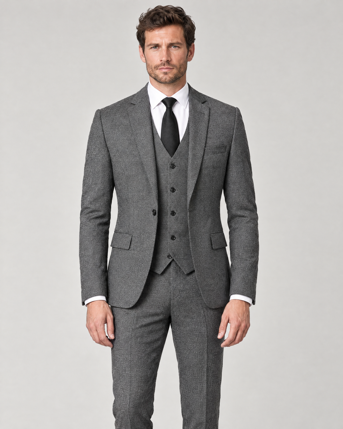 Costume Warwick gris porté par un homme à la silhouette fine